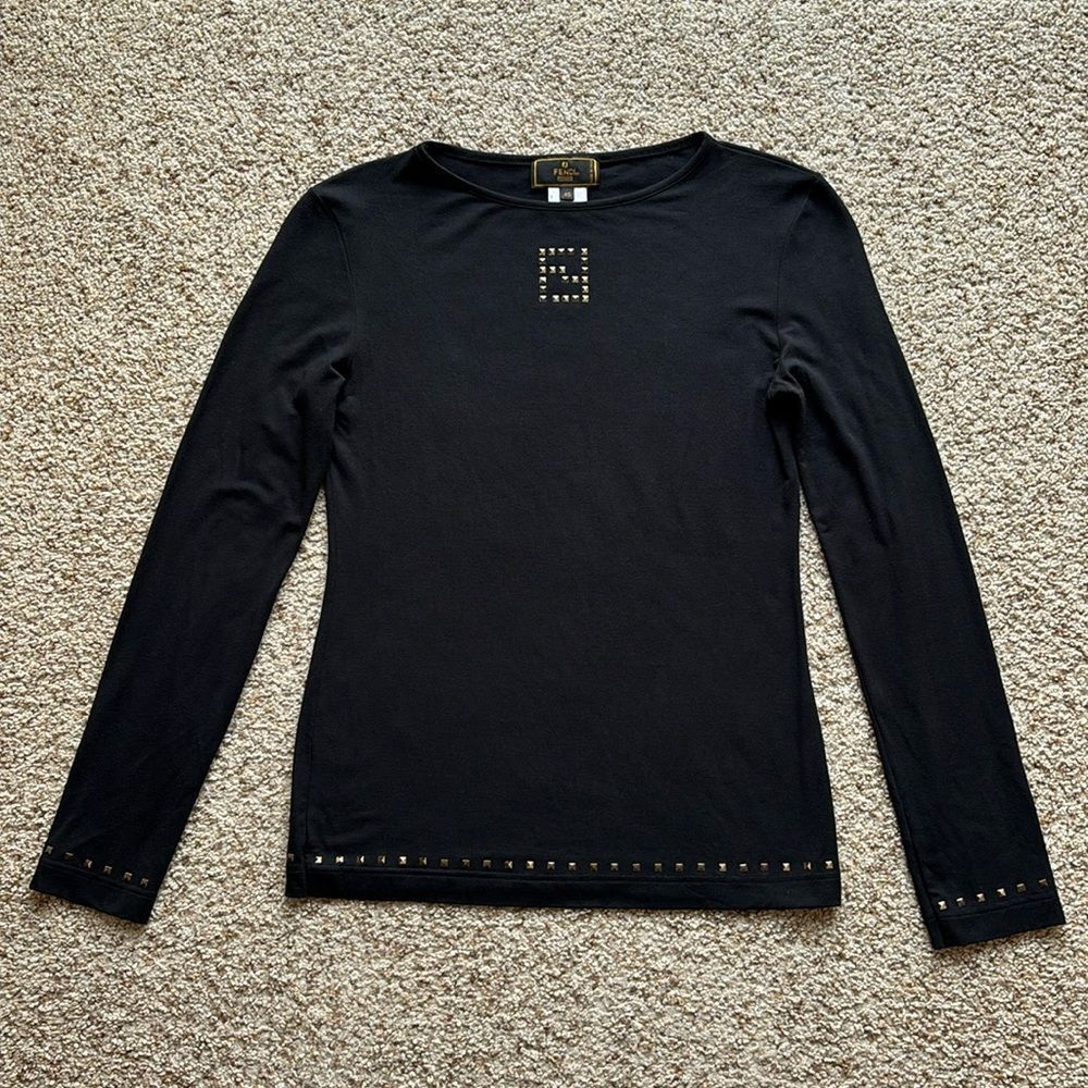 Fendi Maglia Women’s Black L/S Faux Studded Logo Shirt Italy IT 40 US S-M
